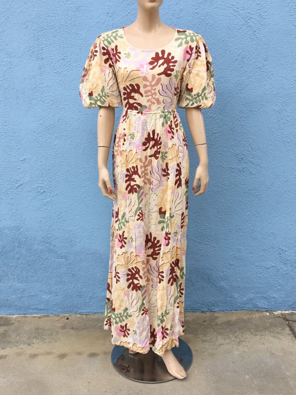 Beach Riot Weston Maxi Open-Back Dress Puff Sleeves sz M Linen Blend